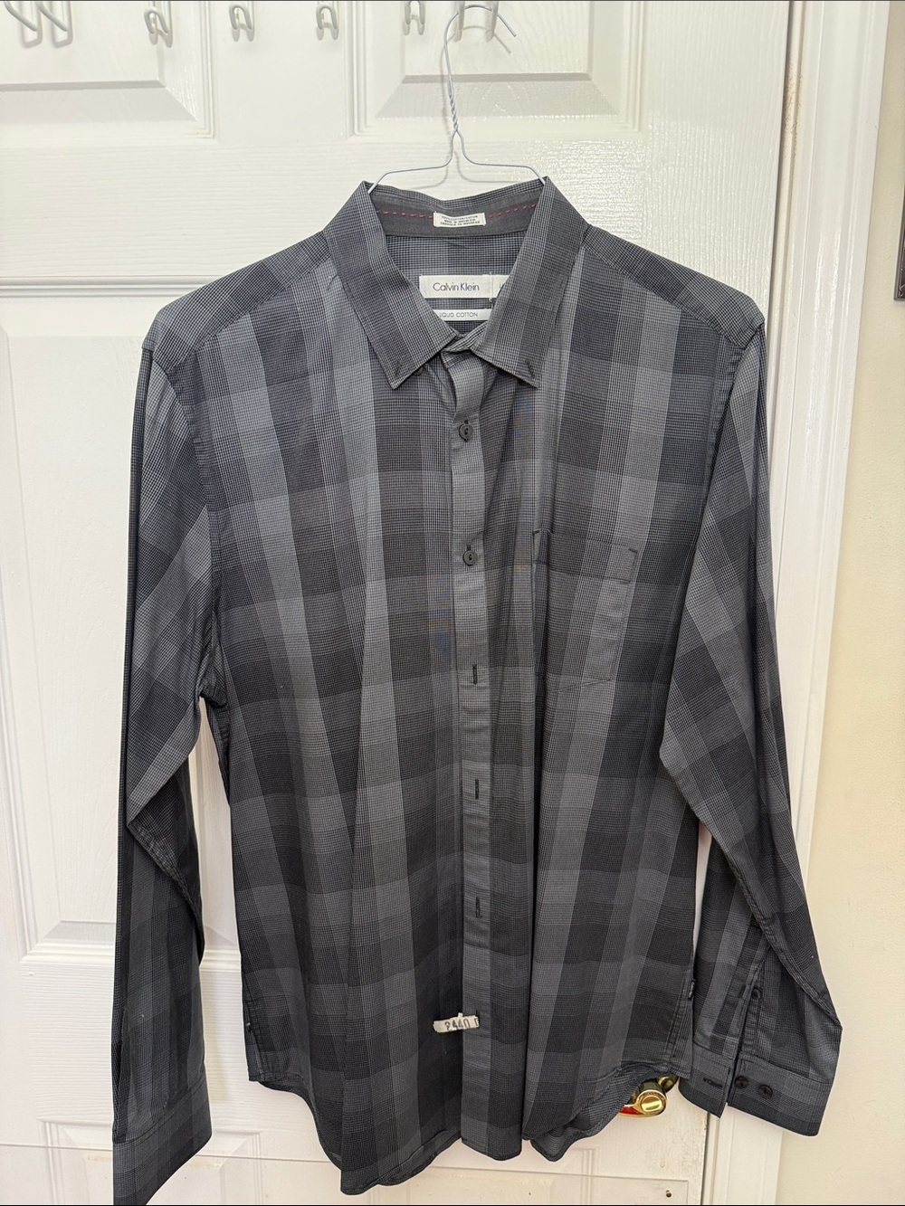 Calvin Klein Men’s Black and Gray Plaid Button-Down Shirt